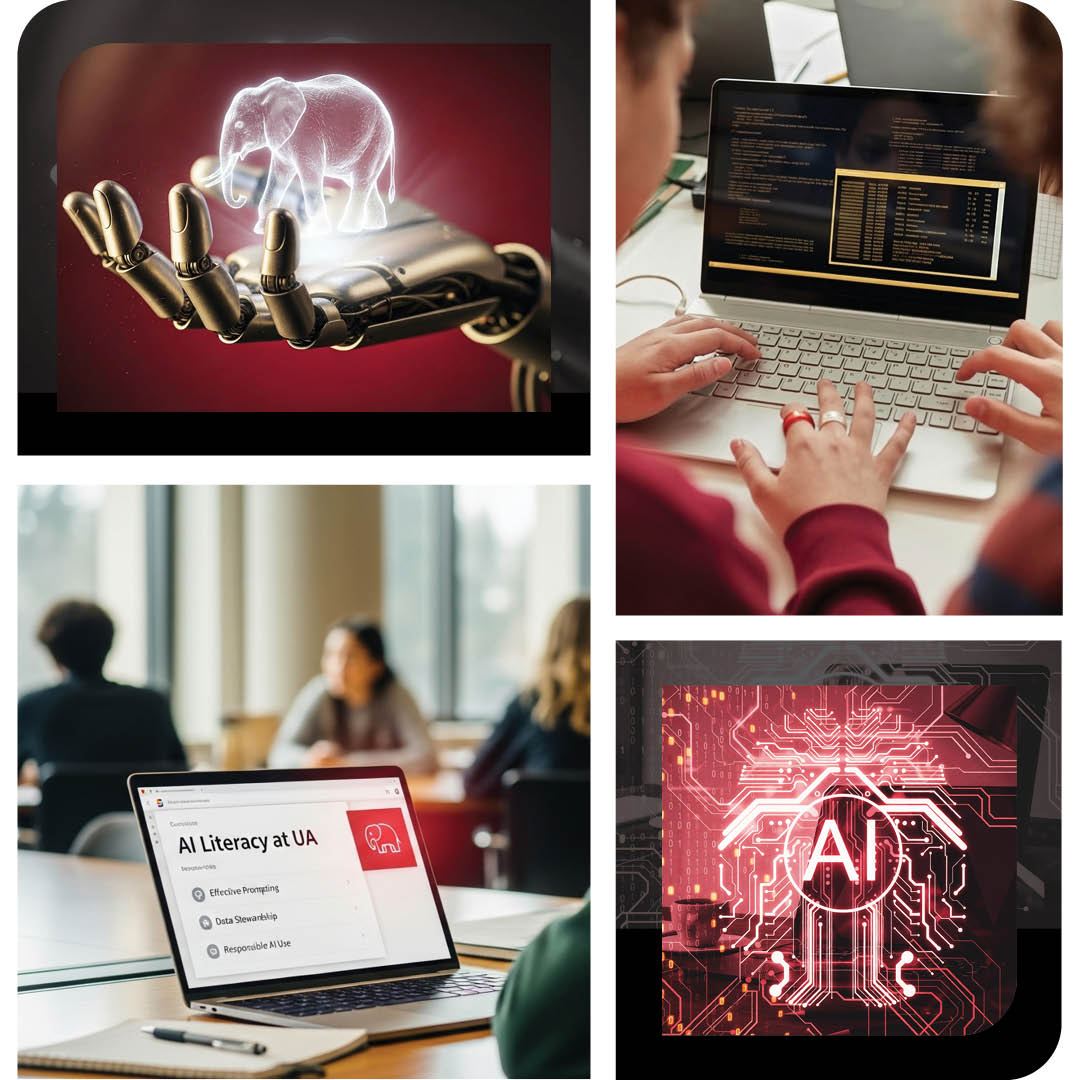 A collage of images. Top left: a robot hand holding a hologram of an elephant. Top right: two students on a laptop looking at code. Bottom right: a crimson microchip with AI at the center. Bottom left: a student on a laptop with the words "AI Literacy at UA" on the screen.